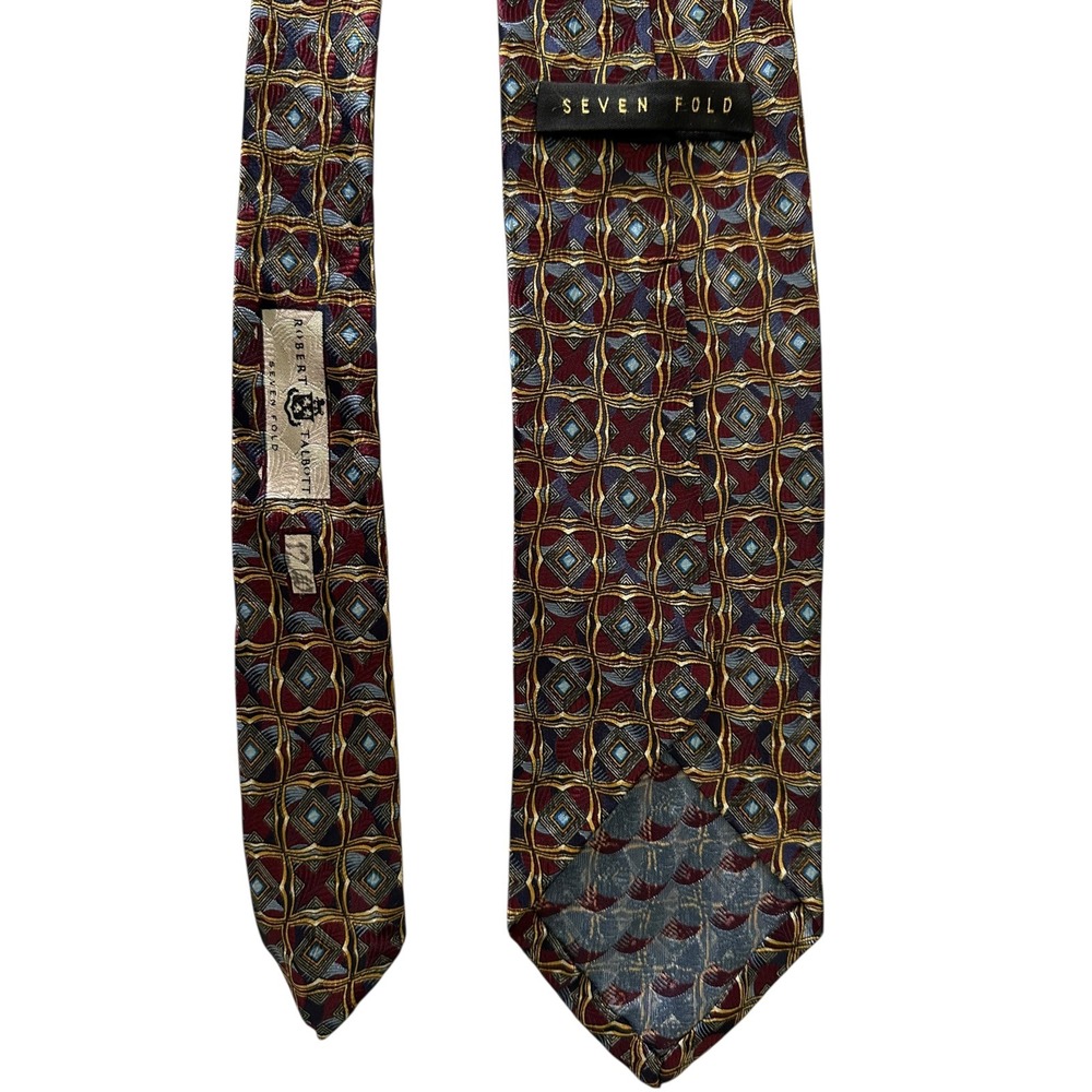 Robert Talbott Seven Fold Silk Tie Burgundy Gold Blue Geometric Medallion Luxury